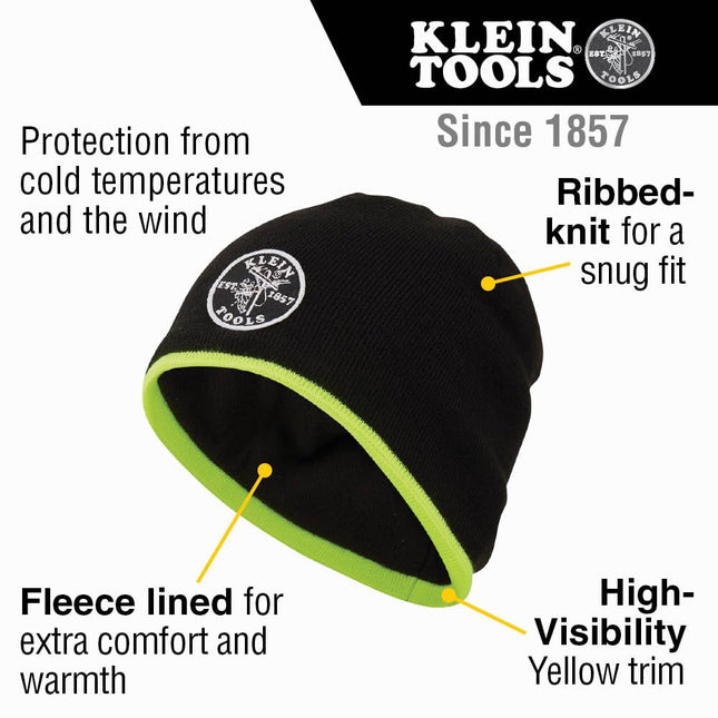 KLEIN TOOLS 60391 Knit Beanie, Thermal Fleece Winter Hat, Windproof, Fits Under Helmets, Black with High-Visibility Yellow Band Trim