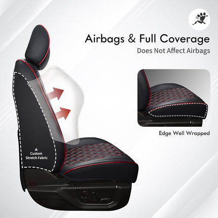 Huidasource Custom Fit Ford F150 Seat Covers Waterproof Fit for 2015-2025 F150 SuperCrew & 2017-2025 F250 F350 F450 Super Duty Crew Cab Pickup XL XLT Lariat King Ranch Platinum(Front Pair/Black&Red)