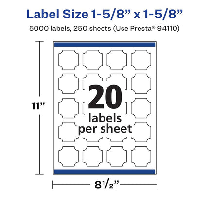 Avery Matte White Square Scalloped Labels with Sure Feed, 1-5/8" x 1-5/8", 5,000 Matte White Printable Labels