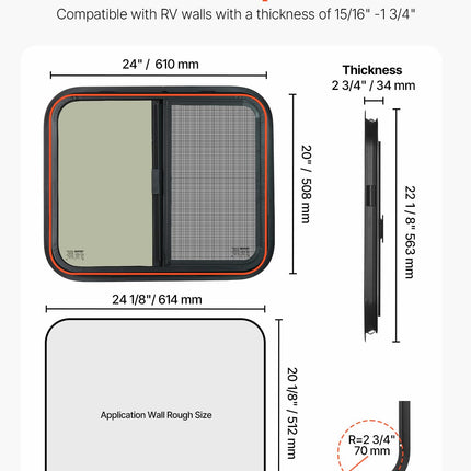 VEVOR Horizontal RV Window, 24" W x 20" H Tinted Sliding with Net Screen & Trim Ring, Fit 15/16"-1 3/4" Thickness Wall, RV Window Replacement for Teardrop Cargo Trailer Camper, DOT Approved