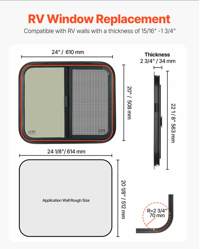 VEVOR Horizontal RV Window, 24" W x 20" H Tinted Sliding with Net Screen & Trim Ring, Fit 15/16"-1 3/4" Thickness Wall, RV Window Replacement for Teardrop Cargo Trailer Camper, DOT Approved