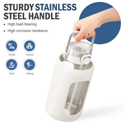 BLUEGO 2.5L Water Bottle Glass with Stainless Steel Handle 2500ml Large Water Bottle with Time Markers and Silicone Sleeve Half Gallon Water Jug BPA Free for Gym Daily Use, White