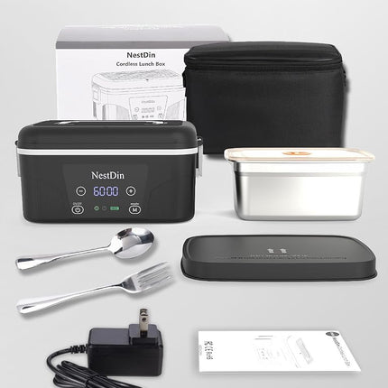 NestDin Cordless Heated Lunch Box: 1.4L Electric Lunch Box with Battery Powered - Custom Heating Time and Preset Heating Function for Adult - Portable Food Warmer for Office, Travel, Outdoor