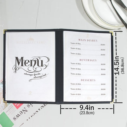 Black, 25 Pack, 4 Views - 8.5" x 14", Cafe Style Menu Cover, Side-Loading Double Stitched Edge, Crystal Clear Vinyl Menu Holder with Gold Decorative Corners