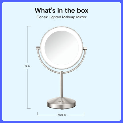 Conair Lighted Makeup Mirror, Double-Sided LED Vanity Mirror with 1X/10X Magnification, 3 Light Settings, 3 Modes, 360� Rotation, Satin Nickel Finish