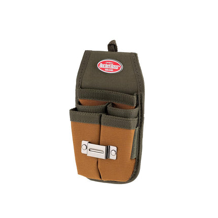 Bucket Boss Four-Barrel Tool Sheath with FlapFit to Fit Instantly Over a Belt or Into a Pants Pocket, with 5 Tool Pockets and 2 Loops, and Metal Tape Clip, in Brown, 54184