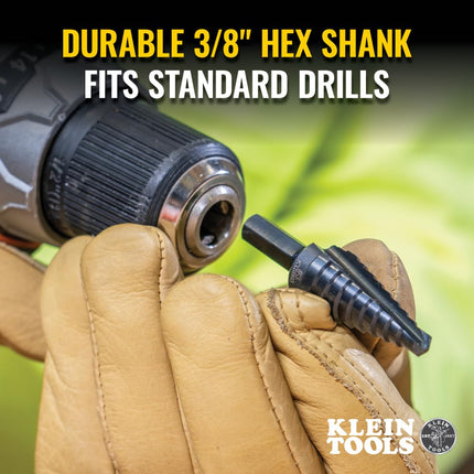 Klein Tools KTSB03 Step Drill Bit Double Fluted 3, 1/4 to 3/4-Inch with Easy-to-Read Markings and Targets, 3/8-Inch Hex Shank , Black