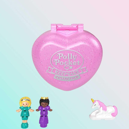 POLLY POCKET Colección de recuerdos de la princesa Juego de joyas del baile real, tema Castillo de unicornio, 2 muñecas, anillo y joyero, pendientes, pulsera, para mayores de 4 años