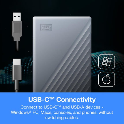 WD 4TB My Passport Works with USB-C, portable external hard drive, USB 3.2 Gen 1, software for device management, backup, password protection, Works with PC, Mac, Chromebook, Gaming Consoles, Grey