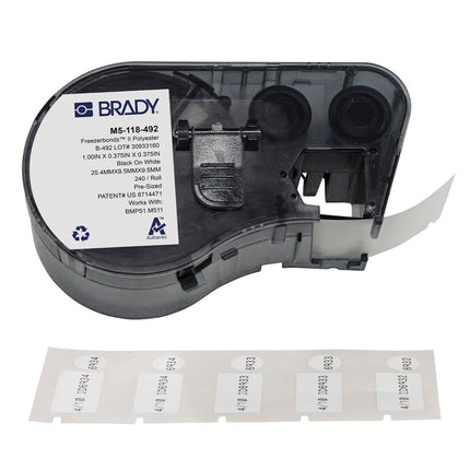 Etiquetas criogénicas de poliéster ultrafinas Brady para laboratorio para impresoras M510 y M511 - Tapa de viales para tubos de ensayo, viales, pipetas de paja - Negro sobre blanco (25.40 x 9.53 mm, 9.53 mm Ø) - M5-118-492