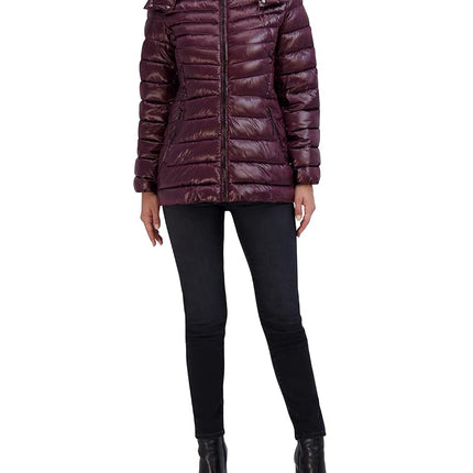 Cole Haan Women's Pearlized Faux Down Jacket with Removable Hood, Sangria, M
