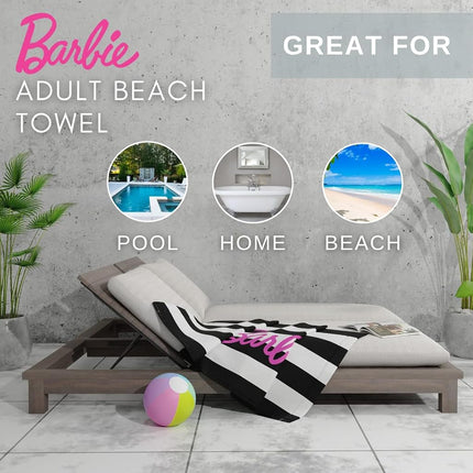Franco Barbie Movie Black & White Striped Soft Cotton Bath/Pool/Beach Towel, 60 in x 30 in, (100% Officially Licensed Barbie Product) Collectibles