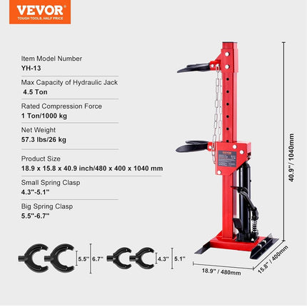 VEVOR Strut Spring Compressor, 4.5 Ton/9920 LBS Hydraulic Jack Capacity, 1 Ton Rated Compression Force, Auto Struts Coil Spring Compressor Tool, Hydraulic Springs Compressors for Strut Spring Removing