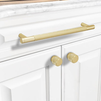 BUKOBYHE 10 Pack Brushed Brass Kitchen Cabinet Knobs & Pulls - Gold Knurled Drawer Knobs