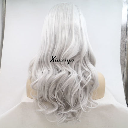 Xiweiya Wigs Heat Resistant Fiber Hair Side Part Body Wave Silver Grey Synthetic Lace Front Wigs for Women Makeup Christmas Cosplay Party Wig