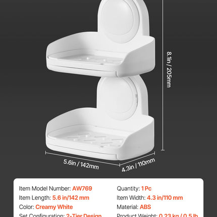 VEVOR Porte-Savon pour Douche, Double Couche avec Ventouse, Fixation Murale SANS Perçage, Porte-Savon et Éponge à Forte Succion, Économiseur de Savon Auto-Drainant, pour Douche, Salle de Bain, Baignoire, Cuisine, Amovible
