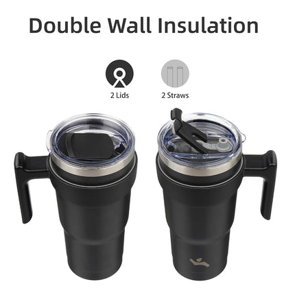 Konokyo Gobelet de 20 oz avec poignée et 2 pailles 2 couvercles, bouteille d'eau isotherme en acier inoxydable, tasse sous vide réutilisable, mug de voyage, noir