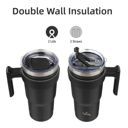 Konokyo 20 oz Tumbler with Handle and 2 Straw 2 Lid, Insulated Water Bottle Stainless Steel Vacuum Cup Reusable Travel Mug,Black