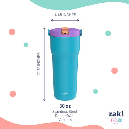 Vaso de viaje Zak Designs Sutton para llevar, acero inoxidable de 30 oz con aislamiento al vacío, boquilla de pajita, asa de transporte para bebidas frías (turquesa)