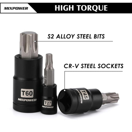 MIXPOWER 32PCS Torx Bit Socket Set, 14 Star Bits (T8-T70)& 13 E-Torx Sockets (E4-E24), CR-V & S2 Alloy Steel