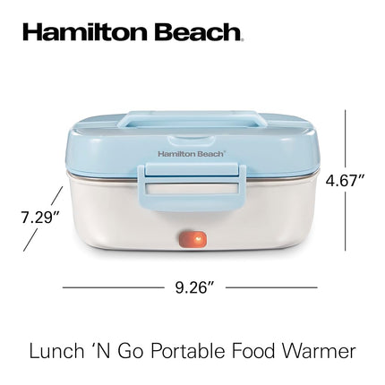 Calentador de alimentos portátil eléctrico Hamilton Beach para el almuerzo en la oficina y el coche con adaptador de 12V, enchufe de 120V, bandeja de acero inoxidable de 3 compartimentos, bolsa de transporte aislada, tenedor y cuchara, azul (33105)