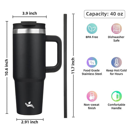 Konokyo 40 oz Tumbler with Handle and 2 Straws,2 in 1 Lid Insulated Water Bottle Stainless Steel Travel Coffee Mug,Black