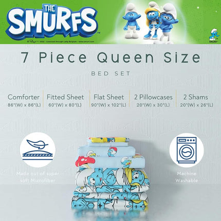 Franco The Smurfs Kids Bedding Super Soft & Cozy Reverisble Microfiber Comforter and Sheet Set with Sham, 7 Piece Queen Size, (Officially Licensed Product)
