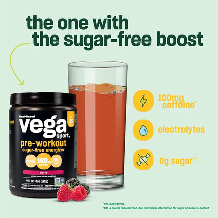 New Vega Sport Sugar Free Energizer Strawberry Lemonade (35 Servings, 4.3 oz) - Vegan, Keto-Friendly, Gluten Free, Sugar Free, All Natural, Pre Workout Powder, Non GMO