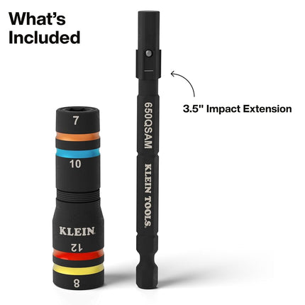 Klein Tools 651MQS Impact-Rated Quad Socket Set, 4-in-1 Flip Socket Driver, Color-Coded, Heavy-Duty Multi Tool, 1/4-Inch Drive, Metric 7mm, 8mm, 10mm, 12mm, 3-1/2-Inch Extension Shaft