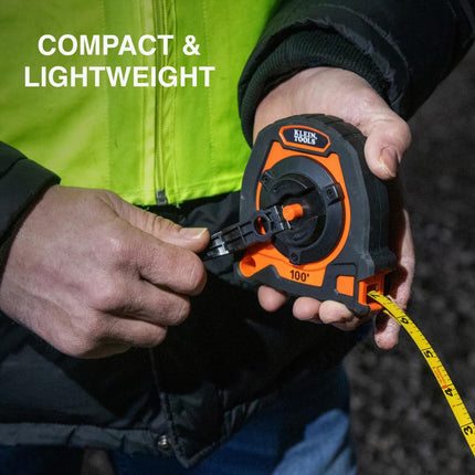 Klein Tools 94100CR Closed Reel Long Tape Measure, 100-Foot Nylon Coated Blade, with Belt Clip and Lanyard Hole