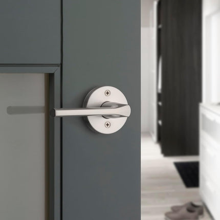 Kwikset Lisbon Interior Privacy Door Handle with Lock, Round Lever for Bathroom and Bedroom, Satin Nickel Reversible Keyless Push Button Lock Door Lever, with Microban Protection