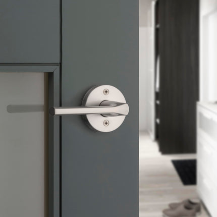 Kwikset Lisbon Interior Privacy Door Handle with Lock, Round Lever for Bathroom and Bedroom, Satin Nickel Reversible Keyless Push Button Lock Door Lever, with Microban Protection