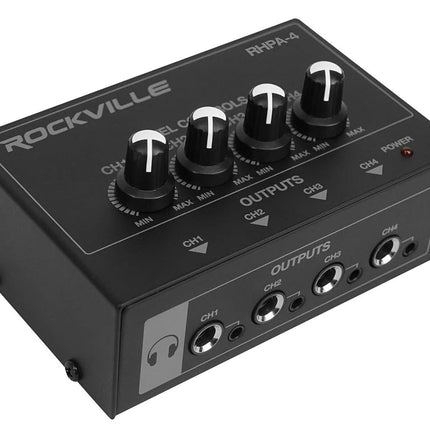 Rockville RHPA4 4-Channel Headphone Amplifier, Stereo/Mono Switch, Dual 1/4" and 3.5mm Outputs per Channel, USB Power, for Studio and Podcast Monitoring
