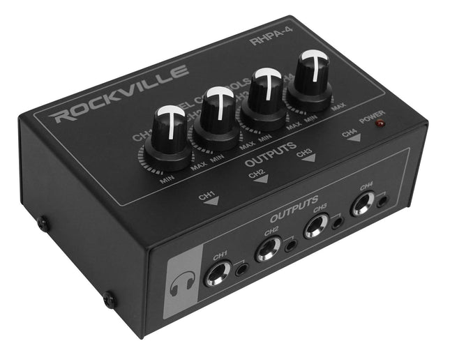 Amplificador de auriculares Rockville RHPA4 de 4 canales, conmutador estéreo/mono, salidas dobles de 1/4" y 3,5 mm por canal, alimentación USB, para monitorización en estudio y podcast