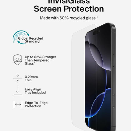 Belkin ScreenForce InvisiGlass Treated Screen Protector for iPhone 16 Pro Max, Scratch-Resistant Impact Protection w/Included Easy Align Tray for Bubble Free Application - Made with Recycled Glass