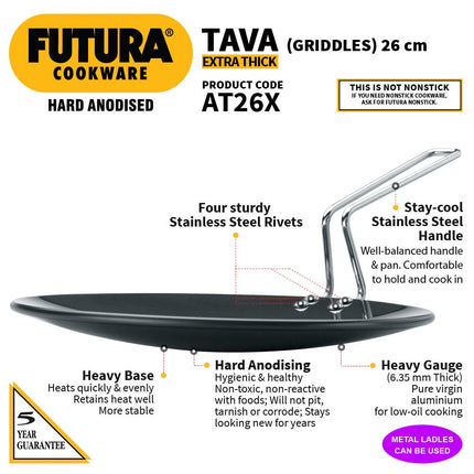 Futura Hard Anodised Concave Tava Griddle, 10-Inch, 6.35mm with Steel Handle