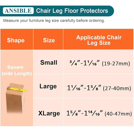 Ansible 24 pcs Square Extra Large Chair Leg Floor Protectors, Furniture Felt Pads Silicone Covers caps for Chairs,Chair Leg Protectors for Hardwood Floors (X-Large fit:1-5/8'' to 2.2'')