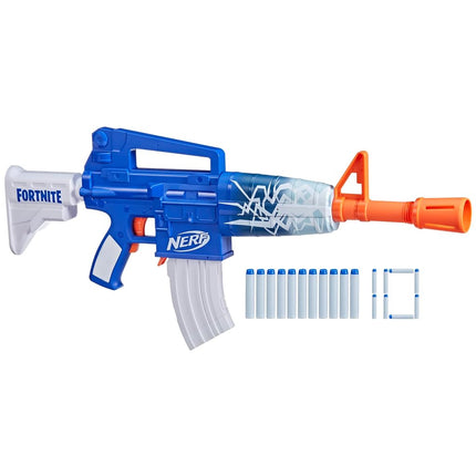 Nerf Fortnite Blue Shock Blaster, chargeur 10 fléchettes, 10 fléchettes Nerf Elite, inclut un code bonus pour débloquer le revêtement « The Beat » dans le jeu, blaster motorisé