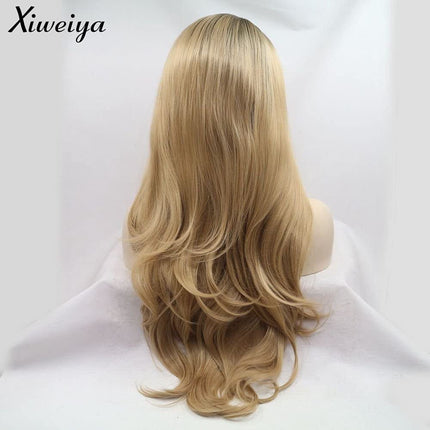 Xiweiya Long Natural Wave Ombre Brown Blonde Synthetic Lace Front Wigs Side Part Heat Resistant Fiber Hair Wigs For Women Replacement Everyday Wigs
