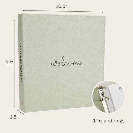 Paper 'n Such Welcome Binder for Short Term Rentals –Green Linen Fabric 3 Ring Folder for Airbnb, Vacation Home, House Manual & Guest Information - Letter Size