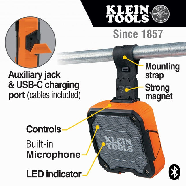 KLEIN TOOLS AEPJS2 Bluetooth Speaker With Magnetic Strip and Hook, Rechargeable, Wireless and Aux Capable, Hands Free Capable, Smart Phone Charging, 10 Hr Run Time, IP54 Dust and Water Resistant