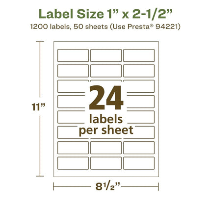 Etiquetas rectangulares recicladas Avery EcoFriendly de color blanco mate, de 1" x 2.5", etiquetas blancas mate, adhesivo permanente, imprimibles con láser/inyección de tinta, 1,200 en total