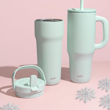 Vaso térmico de viaje Sutton de Zak Designs para llevar, acero inoxidable de 40 oz con aislamiento al vacío, pajita de silicona y asa de transporte para bebidas frías (verde menta icicle)