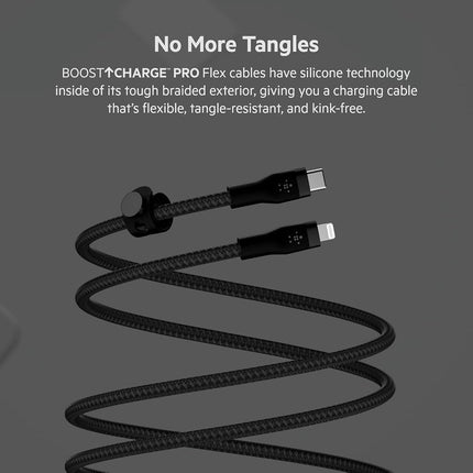 Belkin BoostCharge Pro Flex Braided USB Type C to Lightning Cable (3M/10ft), MFi Certified 20W Fast Charging PD Power Delivery for iPhone 14/14 Plus, 13, 12, Pro, Max, Mini, SE, iPad and More - Black