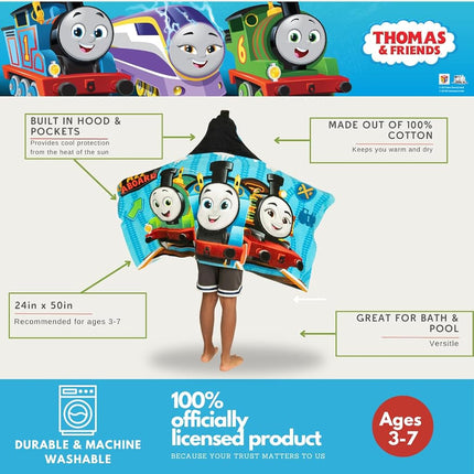 Thomas & Friends Kids Super Soft Bath/Pool/Beach Soft Cotton Terry Hooded Towel Wrap, 24 in x 50 in, (100% Officially Licensed Product)