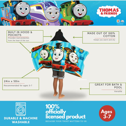 Thomas & Friends Kids Super Soft Bath/Pool/Beach Soft Cotton Terry Hooded Towel Wrap, 24 in x 50 in, (100% Officially Licensed Product)
