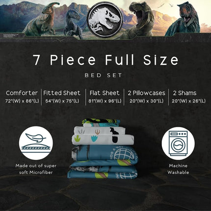 Franco Jurassic World Kids Bedding Super Soft Cozy Reversible Microfiber Comforter and Sheet Set with Sham, 7 Piece Full Size, (Officially Licensed Product)