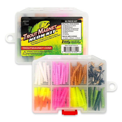 Kit Néon Trout Magnet Leland Lures 87659 - 70 corps de grub et 15 hameçons taille 8.