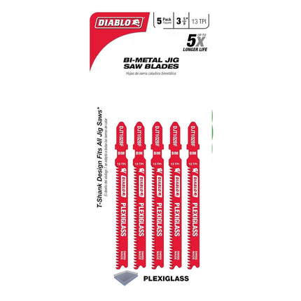Diablo Bi-Metal Jig Saw Blades for Plexiglass - 3-5/8", 13 TPI, 5-Pack - DJT102BF5