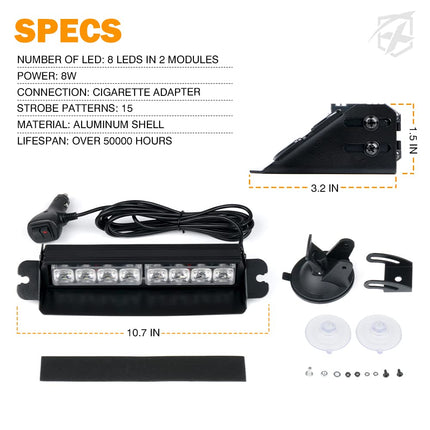 Xprite 8 inch White Emergency Strobe Dash Lights, Interior Windshield Flashing Light w/Suction Cups for Construction Towing Snow Plow Pickup Work Trucks Cars (Aluminum Housing)